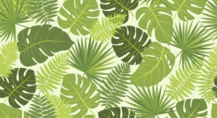 A vibrant vector illustration of various green tropical leaves on a pale background