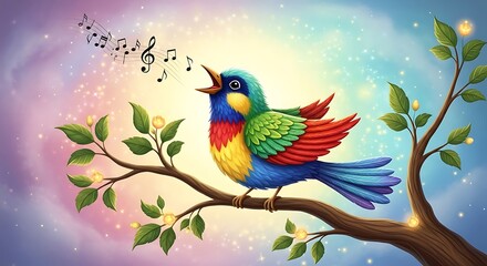 Whimsical Songbird Illustration with Soft Pastel Background