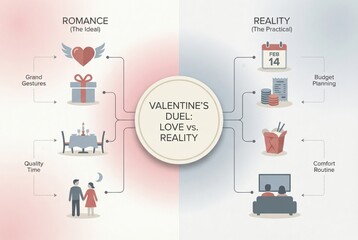 Exploring the Dichotomy of Romance versus Reality in Valentine's Day Representations Through Visual Symbolism and Conceptual Contrast captured with clarity