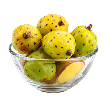 Fresh yellow curuba fruit pulp in clear glass bowl isolated on transparent background