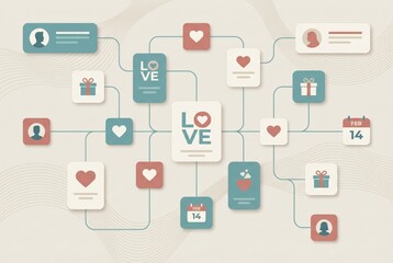 Fototapeta premium Visual representation of interconnected love dynamics featuring hearts messages gift icons and engagement across social networks enhancing emotional connection and relationship building