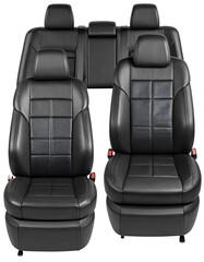 Obraz premium Black leather car seat covers; front bucket seats and a rear bench displayed against a white background