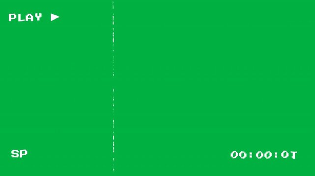 A vibrant green screen mimics a glitchy VHS recording interface, complete with white static lines, a 'PLAY' indicator, and a rolling glitch timecode for an authentic retro video aesthetic