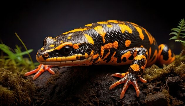 Close-up of an adorable orange and black salamander on moss.