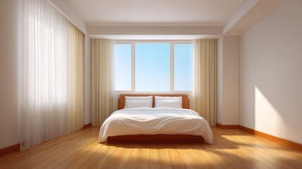 Obraz premium Serene and Minimalist Bedroom Design with Large Windows Showcasing Natural Light and Cozy Atmosphere for Relaxation and Comfort