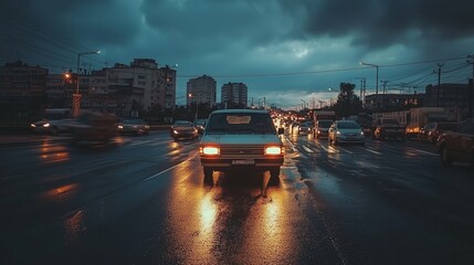 Fototapeta premium Urban Traffic Scene with Delivery Van in Evening Rain and Dramatic Cloudy Sky