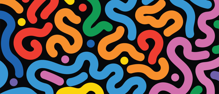 Vibrant abstract seamless pattern featuring bright, colorful, rounded, squiggly lines and dots against a solid black background creating a fun dynamic texture