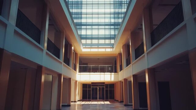 Modern atrium interior featuring a multilevel design with a central pathway, a glass skylight, and warm sunlight creating dramatic reflections on the polished floor