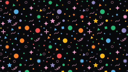 Vibrant and playful seamless pattern featuring a dense array of colorful geometric confetti shapes scattered across a deep black background evoking celebration and fun.