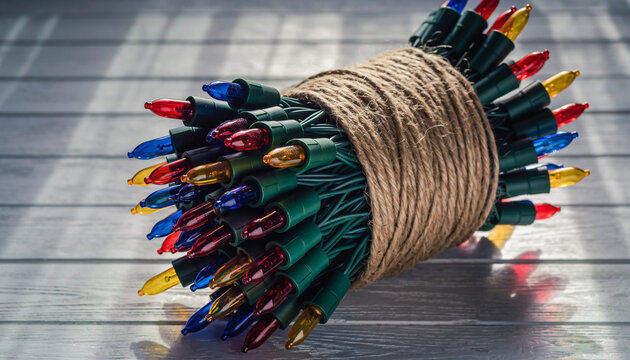 Colorful electric string lights bundle wrapped in natural twine on a rustic wooden surface, ideal for holiday, festive, or party decoration background.