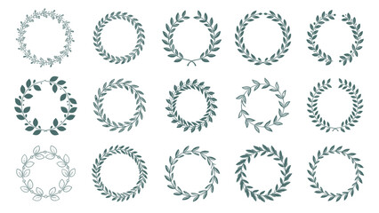 Extensive collection of circular leaf wreaths and laurel branches is presented in various styles for awards or decorative logo design.