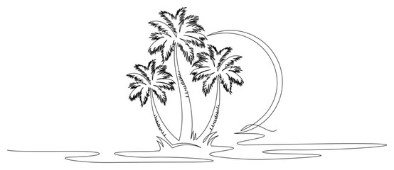 continuous line drawing of a beach scene with palm trees 6.eps