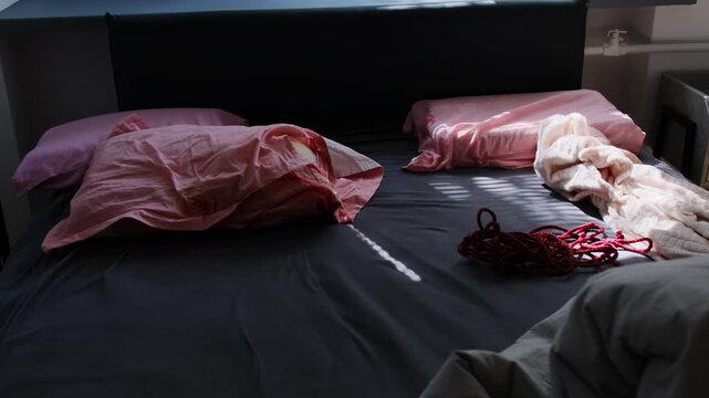 Red rope rests on rumpled bed near pillows with blanket in bedroom. Sunlight hits sheets while rope coil waits for packing to storage after travel