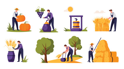 Farmers work in fields harvesting various crops like pumpkins wheat and grapes in this set of rural agricultural illustrations.
