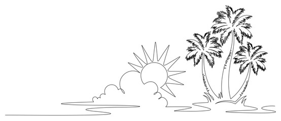 continuous line drawing of a beach scene with palm trees 8.eps