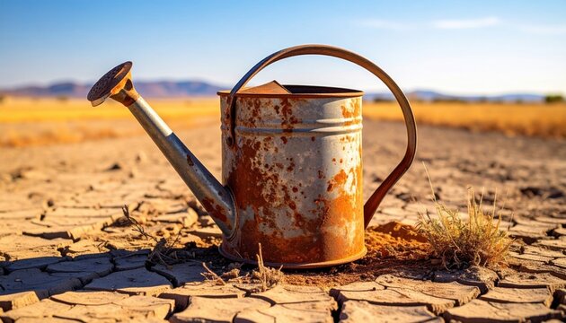 A stark, detailed photographic capture by FlyPro Firefly showcasing a dilapidated watering can with prominent rust spots, lying on its side on severely dry, cracked ground.