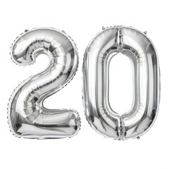 Silver balloon numbers 20 isolated on transparent background