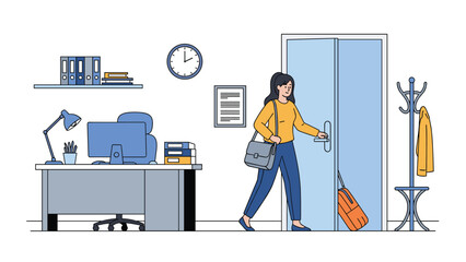 Businesswoman happily leaves her office with a suitcase and bag while closing the door to head out for a business trip or vacation.