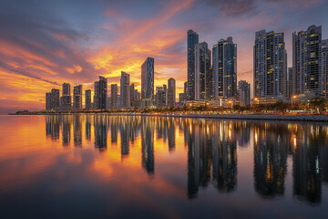 Obraz premium Cityscape sunset reflection water skyscraper building illuminated skyline urban architecture colorful evening calm lake vibrant light