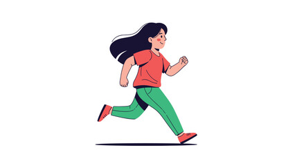 Obraz premium Cheerful cartoon girl with long dark hair running energetically in a red t-shirt and green pants against a plain white background for children books.