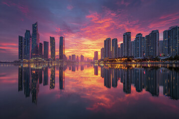 Obraz premium Cityscape at sunset with illuminated skyscrapers reflecting on calm water, vibrant colorful sky creating dramatic and peaceful urban atmosphere