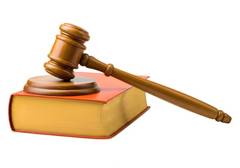 Golden gavel resting on law book isolated on transparent background