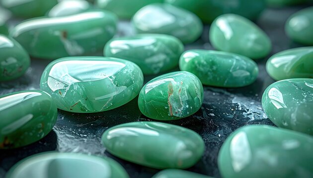FlyPro Firefly's smooth, polished amazonite stones showcasing soft green hues under bright, focused lighting against a dark background, captured in detail.