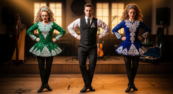 Three Irish dancers posing on a wooden stage in traditional costumes