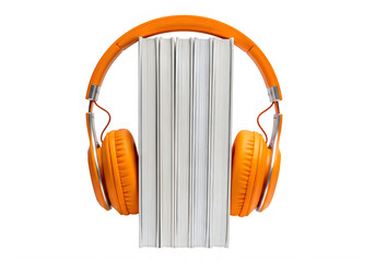 Orange headphones embracing a thick book isolated on transparent background