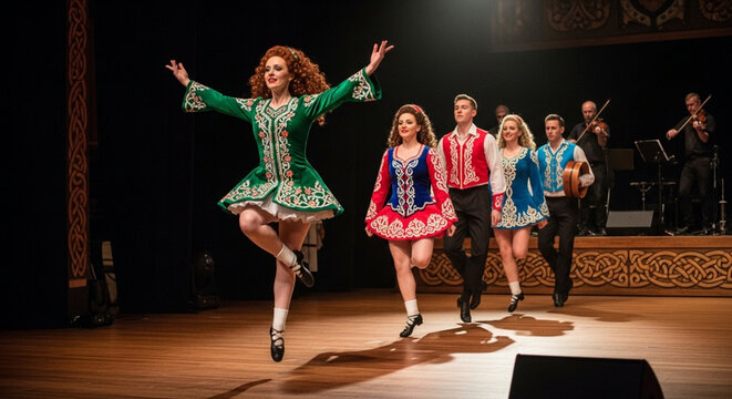 Dynamic Irish dance performance showcasing traditional costumes and energetic step dancing on a brightly lit stage, celebrating cultural heritage and vibrant movement