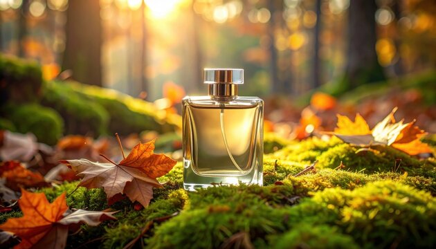 FlyPro Firefly Chypre-inspired perfume bottle with a classic silhouette, elegantly surrounded by earthy moss and autumnal fallen leaves in a nature setting.