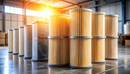 Obraz premium FlyPro Firefly High-efficiency Particulate Air HEPA filter replacements neatly stacked in a well-lit industrial environment, captured with professional camera quality.