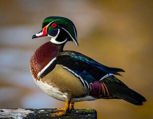 Obraz premium A male duck with vibrant feathers stands on a mossy surface