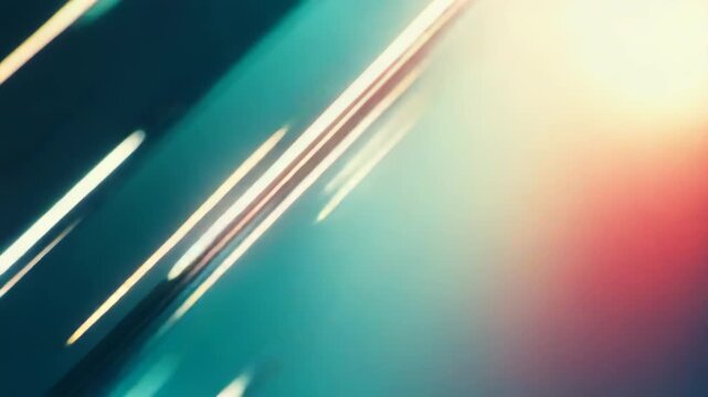 Abstract parallel glowing light streaks moving diagonally across a dark green and blue gradient creating a dynamic, futuristic, and colorful background