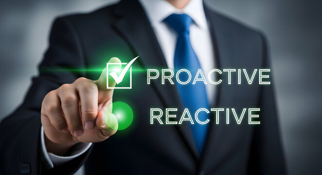 Businessman interacting with virtual interface of proactive and reactive strategies