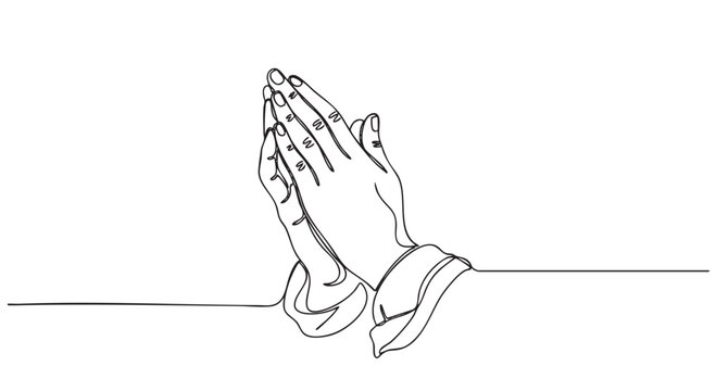 Minimalist illustration of folded hands in prayer, rendered in a single continuous black line. Suitable for religious, spiritual, or contemplative themes. Vector illustration for easy scalability.
