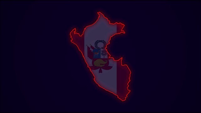 Peru Map Outline Country Border on black.  Neon Lights colorful animation transition. Flag of Peru. Animation in neon style. 4k . Animated Video