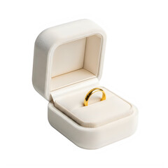 Gold engagement ring in white velvet ring box isolated on transparent background