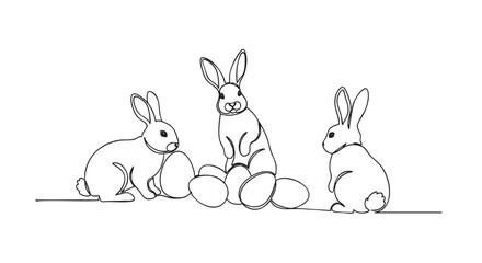 Fototapeta premium Continuous line drawing of rabbits with Easter eggs. Vector illustration for Easter celebration, greeting cards, prints, and modern minimal designs.