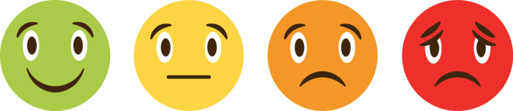 Horizontal customer sentiment emoji scale from happy to sad in flat vector style,