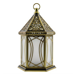 Antique gold ornate lantern with intricate filigree design and glowing bulb isolated on transparent background