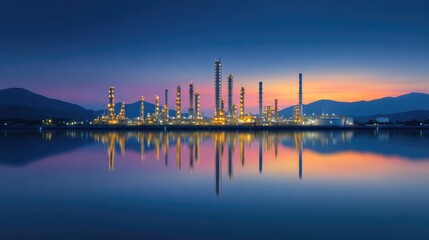 Obraz premium Industrial Refinery at Dusk: Illuminated Oil Towers and Calm Water Reflection under Twilight Sky in Dynamic Landscape View
