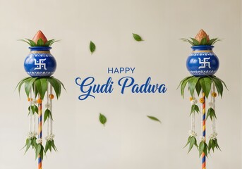 Happy Gudi Padwa Greetings, Celebration with Kalash, Swastika Symbols, Traditional Decorations