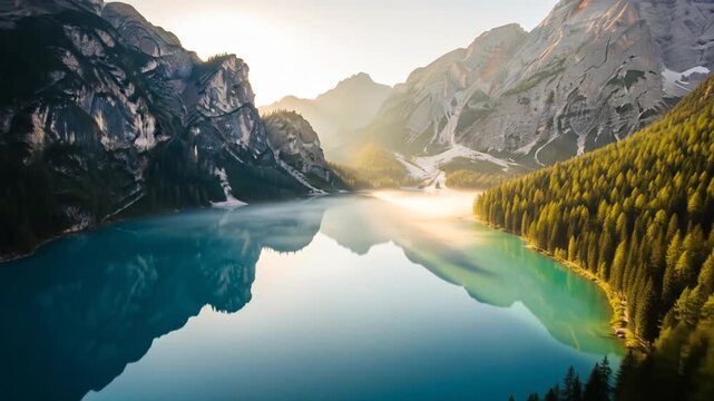 Serene Lake Braies - A Breathtaking Mountain Landscape at Sunrise.