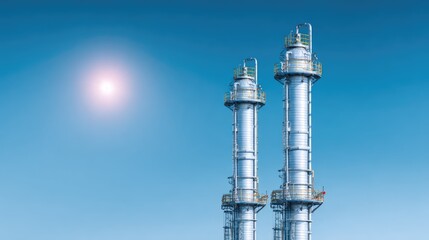 Obraz premium Industrial Chimneys Against Clear Blue Sky Highlighting Energy Production and Modern Technology in an Urban Setting