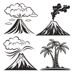 Four black and white illustrations of volcanoes and palm trees