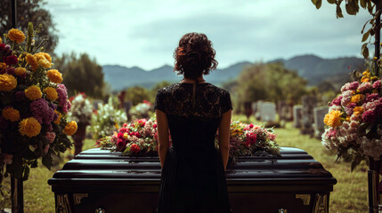 woman in the cemetery mourns at the grave