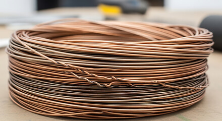 Coiled copper wire on workbench with blurred tools background