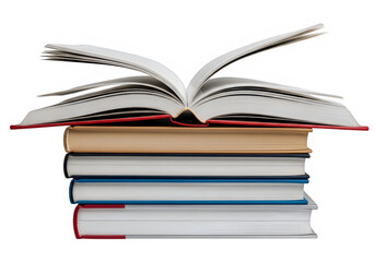Stack of open books with pages fanning out isolated on transparent background