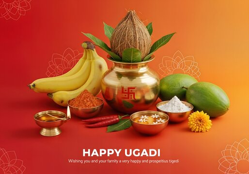 Happy Ugadi Festival Greeting with Traditional Elements, Indian New Year Celebration